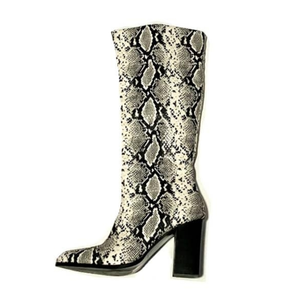 Mango Snakeskin Knee-High Boots w/ Chunky Stacked Heel Size 7.5